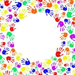 Frame of rainbow handprint on white background. Hands palms in circle. Copy space for text.