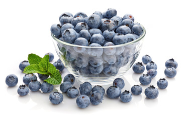 Berry blueberry with leaf mint close-up. Fruity still life for organic healthy food, isolated on white background, Top view.