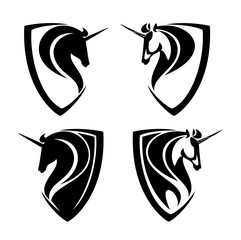 mythical unicorn horses heads and heraldic shields simple black and white vector design set © Cattallina