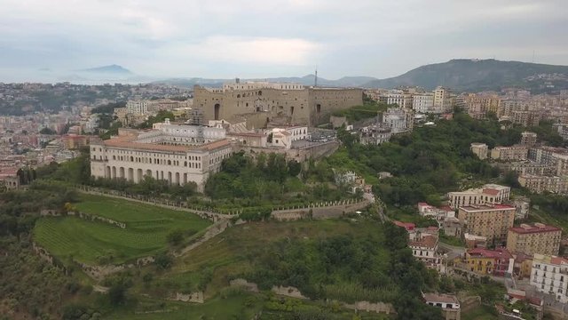 Aerial view of the Castle of Sant'Elmo in Naples. Flying drone around the castle.
