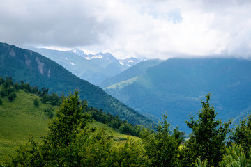 Fototapeta na wymiar mountain landscape, mountains, green trees, valley, glaciers. Arkhyz, Karachay-Cherkessia, Russia