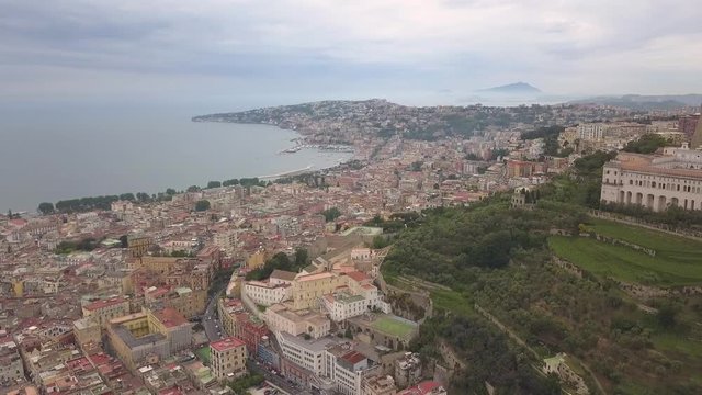 Aerial view of the quarters of Naples. Flight of a drone over Naples overlooking the bay.