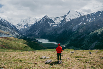 Fototapeta premium The tourist in Mountains Altai