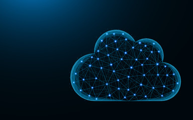 Cloud low poly design, weather abstract geometric image, cloud computing wireframe mesh polygonal vector illustration made from points and lines on dark blue background