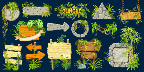 Set cartoon game wooden and stone panels in jungle style with space for text. Isolated gui elements with tropical lianas, rocks, arrows and boards. Vector illustration on dark background.
