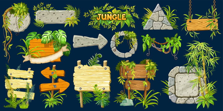 Fototapeta Set cartoon game wooden and stone panels in jungle style with space for text. Isolated gui elements with tropical lianas, rocks, arrows and boards. Vector illustration on dark background.