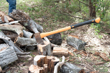 axe in tree stump with wood pile