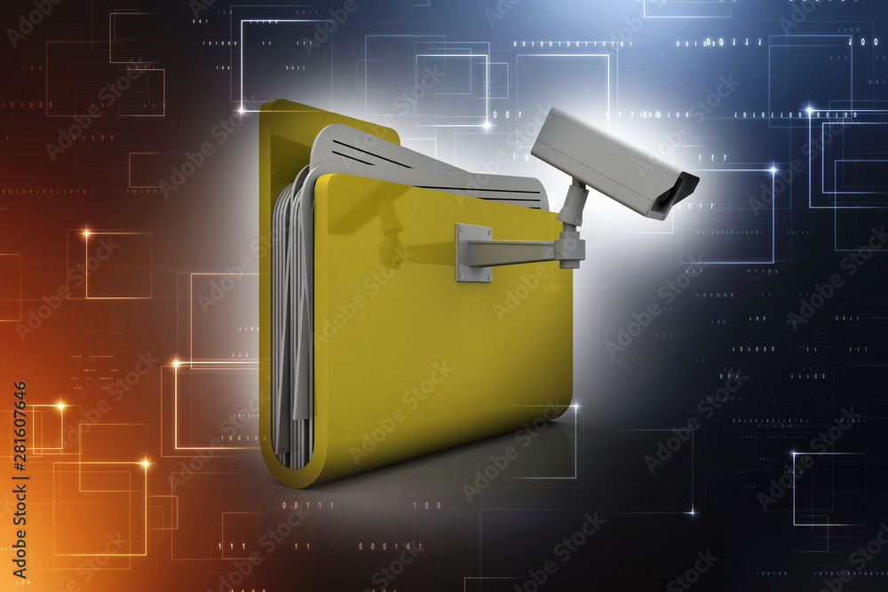 Poster 3d rendering surveillance cctv security camera with folder