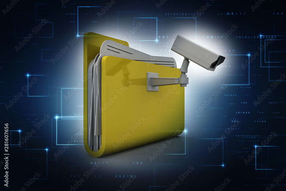 Poster 3d rendering surveillance cctv security camera with folder