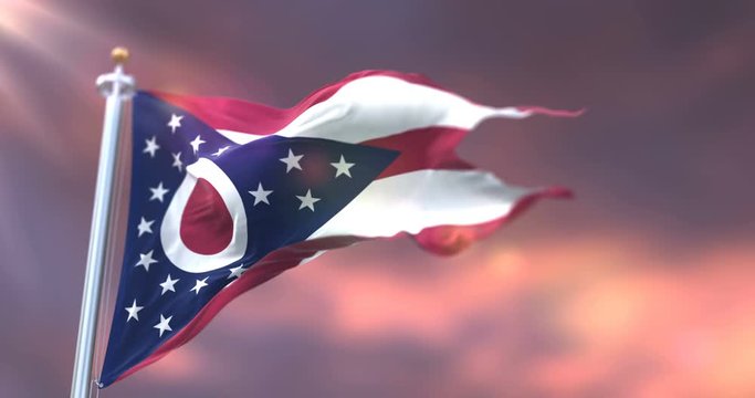 Flag of Ohio state at sunset, region of the United States of America - loop
