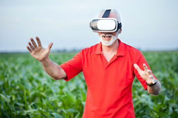 Senior agronomist or farmer in red polo shirt standing in green corn field and using VR goggles.