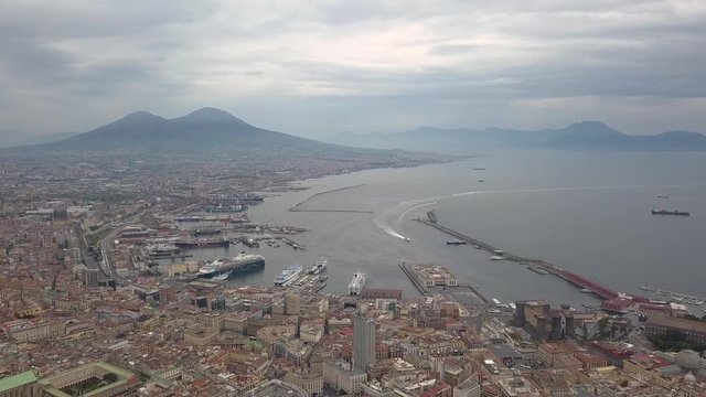 Aerial view of Naples, video shot on a drone. Flight of a drone over Naples overlooking the bay and Mount Vesuvius.