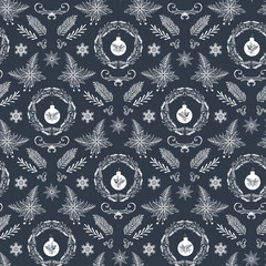 Dark blue winter creative Christmas damask pattern .Vector.