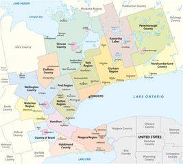 Fototapeta na wymiar Map of the Golden Horseshoe metropolitan area around the western end of Lake Ontario, Ontario, Canada