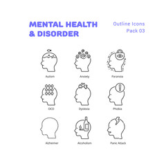 Mental Health and Disorder outline icons set