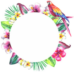Round frame with tropical flowers and parrot