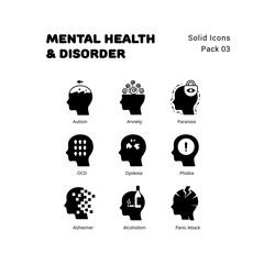 Mental Health and Disorder solid icons set  - obrazy, fototapety, plakaty