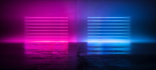 Futuristic Sci-Fi Abstract Blue And Purple Neon Light Shapes On Black Background And Reflective Concrete With Empty Space For Text 3D