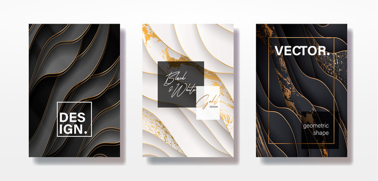 Luxury paper cut background, Abstract decoration, golden pattern, halftone gradients, 3d Vector illustration. Black, white, blue, gold waves Cover template, geometric shapes, modern minimal banner.