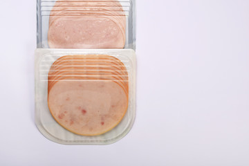 Package of smoked slices ham isolated on white with copy space