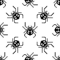 Pixel seamless pattern with 8 bit spider. Vector Illustration.