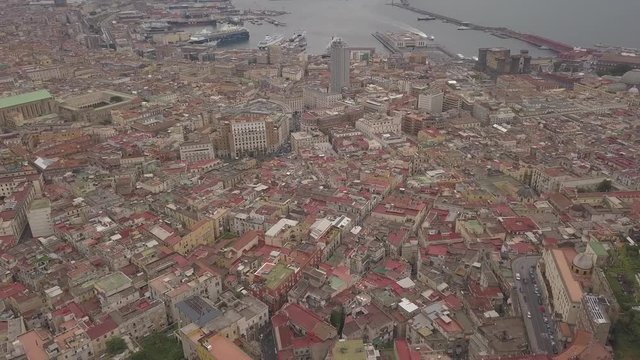 Aerial view of Naples, video shot on a drone. Panoramic view of the city.