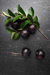 Ripe and juicy garden plums with green leaves on dark wooden texture.