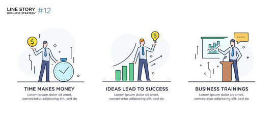 Set of illustrations concept with businessmen. Workflow, growth, graphics. Business development, milestones. linear illustration Icons infographics. Landing page site print poster. Line story