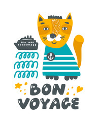 Cute red cat with waves, travelling ship and lettering.