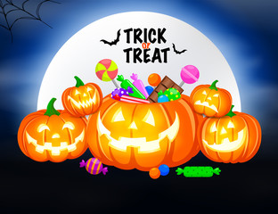 Halloween pumpkins with candies and moon on blue background. Trick or treat concept. Illustration design for greeting card, poster banner and print.