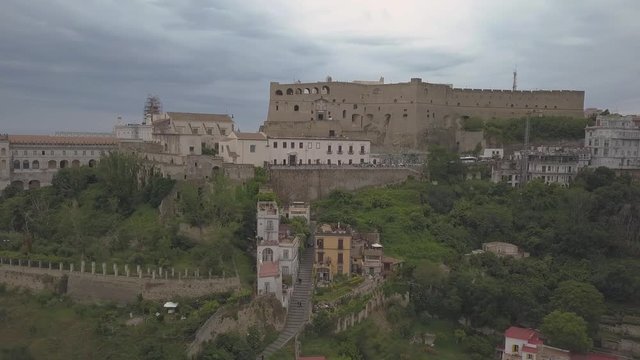 Aerial view of the Castle of Sant'Elmo in Naples. Flying drone around the castle.