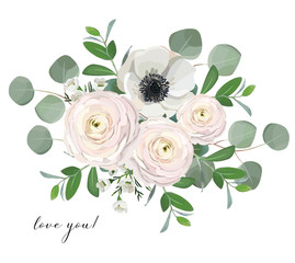  vector floral bouquet illustration, ranunculus anemone eucalyptus peony rose flowers  Design elements for patterns, wreath, laurels and compositions, greeting cards, wedding invitations