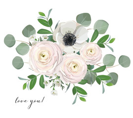  vector floral bouquet illustration, ranunculus anemone eucalyptus peony rose flowers  Design elements for patterns, wreath, laurels and compositions, greeting cards, wedding invitations © Mirgunova