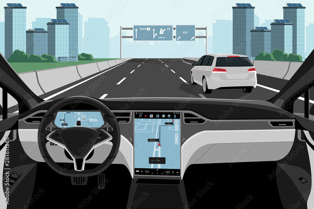 Wall mural Autonomous car. Self-driving vehicle on a road. Vector illustration