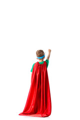 Fototapeta premium back view of preschooler boy in red hero cloak standing with fist up isolated on white