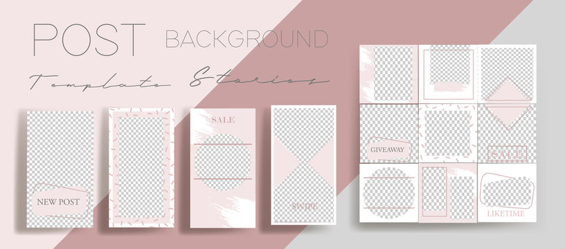 Design backgrounds for social media banner. Set of instagram stories and post frame templates.Vector cover. Mock up for personal blog or shop.Layout for promotion.Endless square puzzle layout