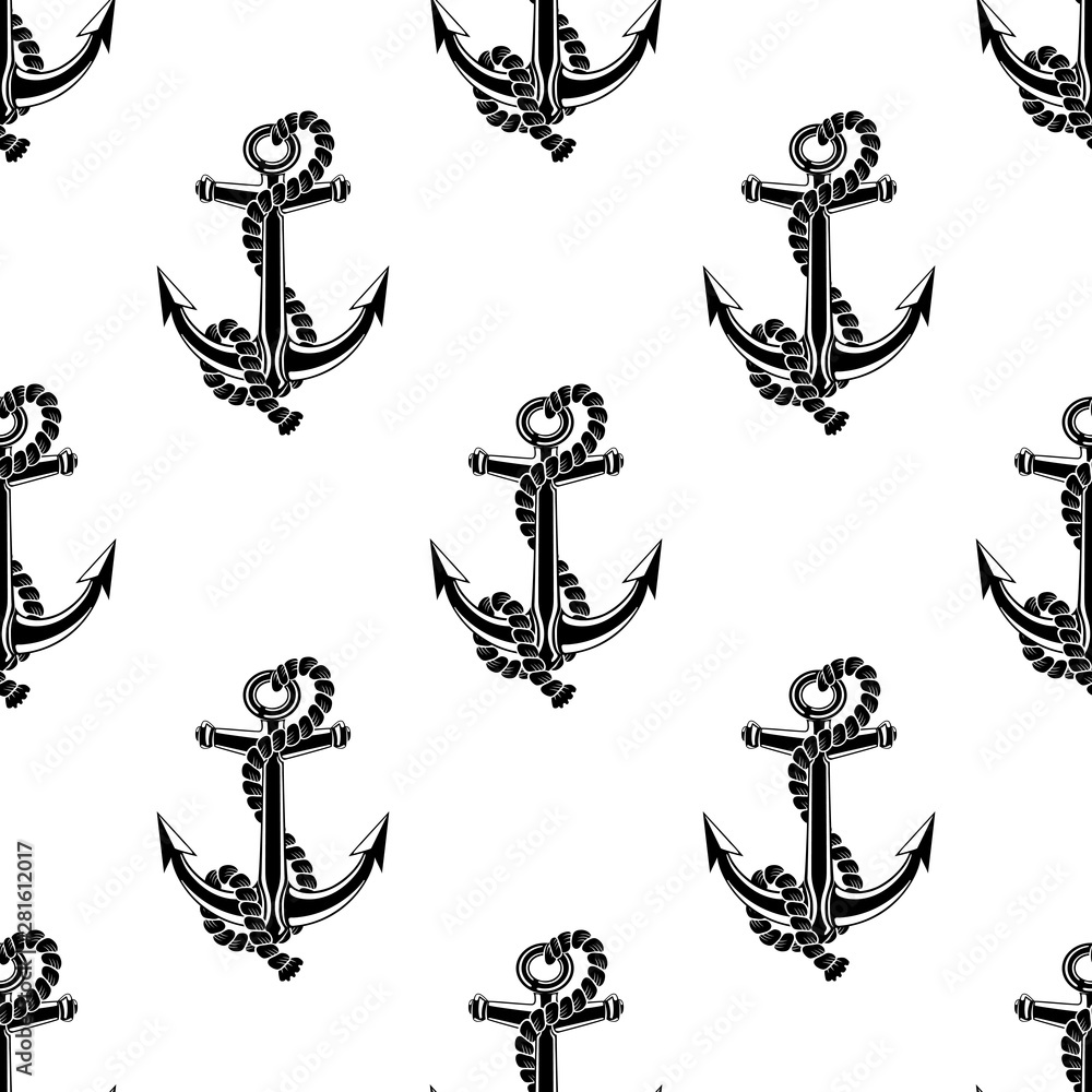 Canvas Prints seamless pattern with black anchors on white background.