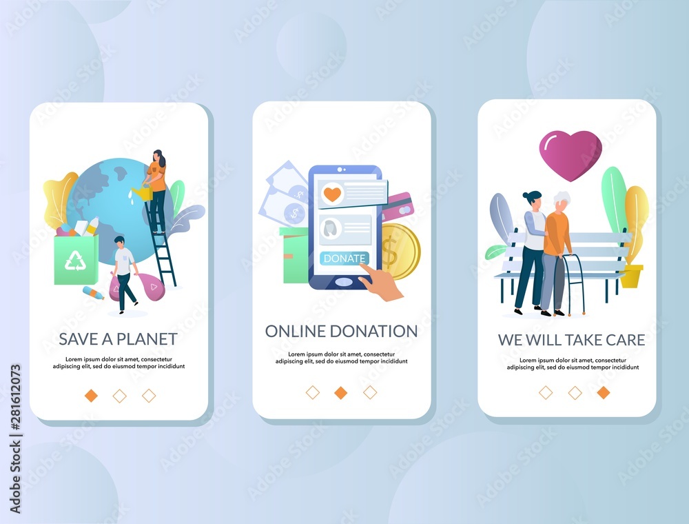 Wall mural volunteering mobile app onboarding screens vector template