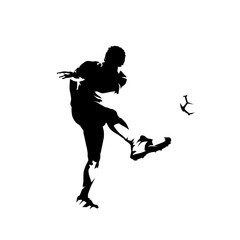Soccer player kicking ball and scoring goal, abstract ink drawing vector silhouette. Isolated footballer