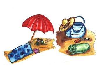 beach accessories sunglasses, towel. flip-flops and striped hat.