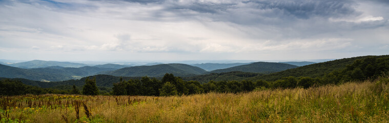 A panorama of the mountain range east of the Smerek peak in Bieszczady.