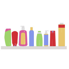shampoos stand in a row on the shelf different color with highlights
