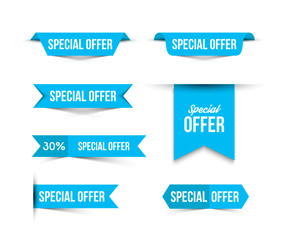 Blue special offer banners with shadows on white background.