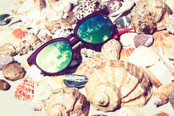 Sunglasses, seashells, sea stars, coral and stones on the sand, summer beach background travel concept with copy space for text.