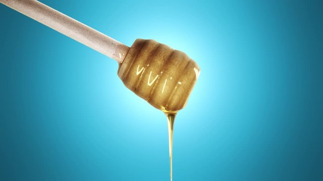 Honey dripping from honey dipper on blu background