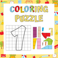 Coloring Puzzle. Math Game. Logic and Writing Educational Exercise. Fine Motor Skills Worksheet. Vector illustration.