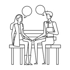 business couple seated in the park chair with speech bubbles