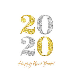 Happy New Year 2020 greeting card of vector golden and silver glitter confetti on premium white background for Christmas celebration