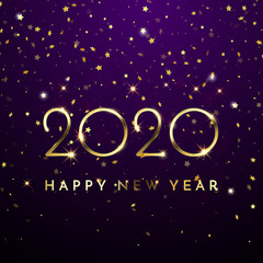 2020 Happy New Year of glitter gold confetti. Vector golden glittering text and numbers with sparkle shine for Christmas holiday greeting card on blue background