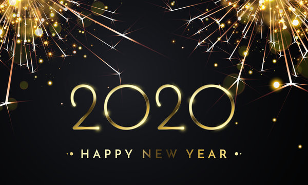 Happy New Year of glitter gold fireworks. Vector golden glittering text and 2020 numbers with sparkle shine for holiday greeting card